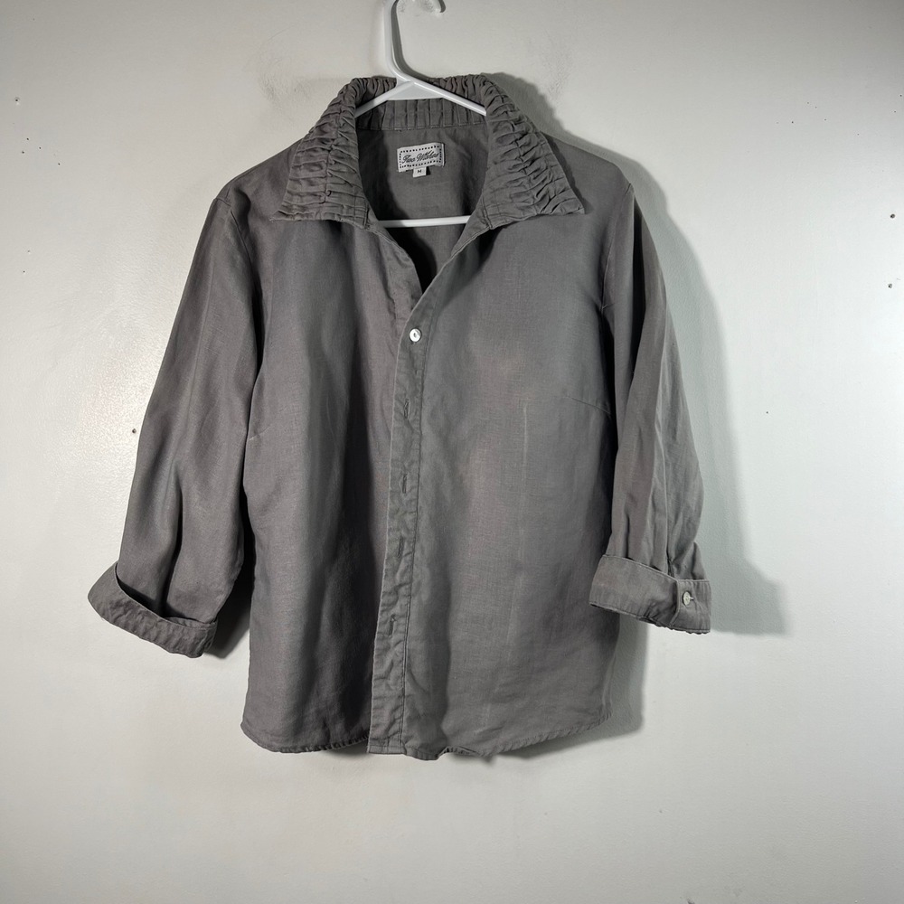 Two Wishes Gray Ruched Collar Button Down Linen Shirt 3/4 Sleeve M